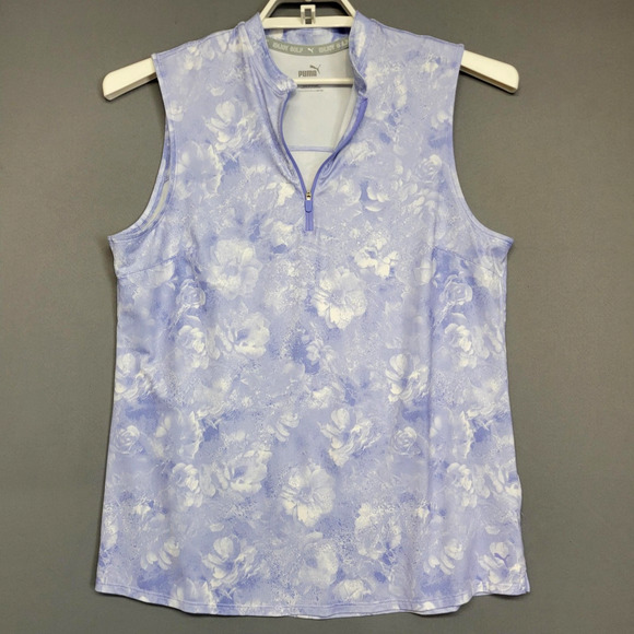 Puma Golf Shirt Womens Large Purple Floral Quarter Zip Mock Neck Sleeveless - Picture 8 of 12